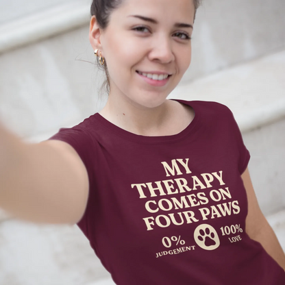 Cream retro-style text that reads “My Therapy Comes on Four Paws – 0% Judgement, 100% Love” on a unisex t-shirt for Bichon Frise lovers.

