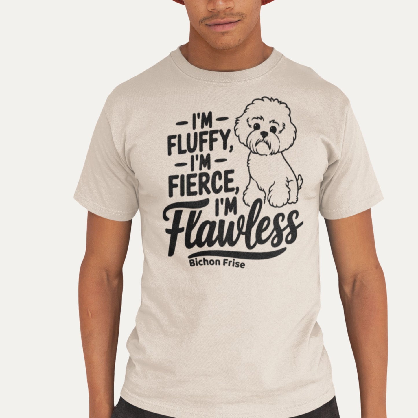I'm fluffy, I'm fierce, I'm flawless – Bichon Frise funny dog T-shirt in beige, fun and confident gift for dog lovers.