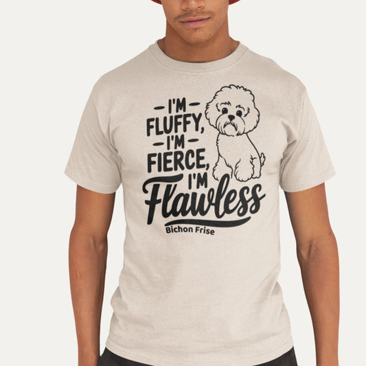 I'm fluffy, I'm fierce, I'm flawless – Bichon Frise funny dog T-shirt in beige, fun and confident gift for dog lovers.