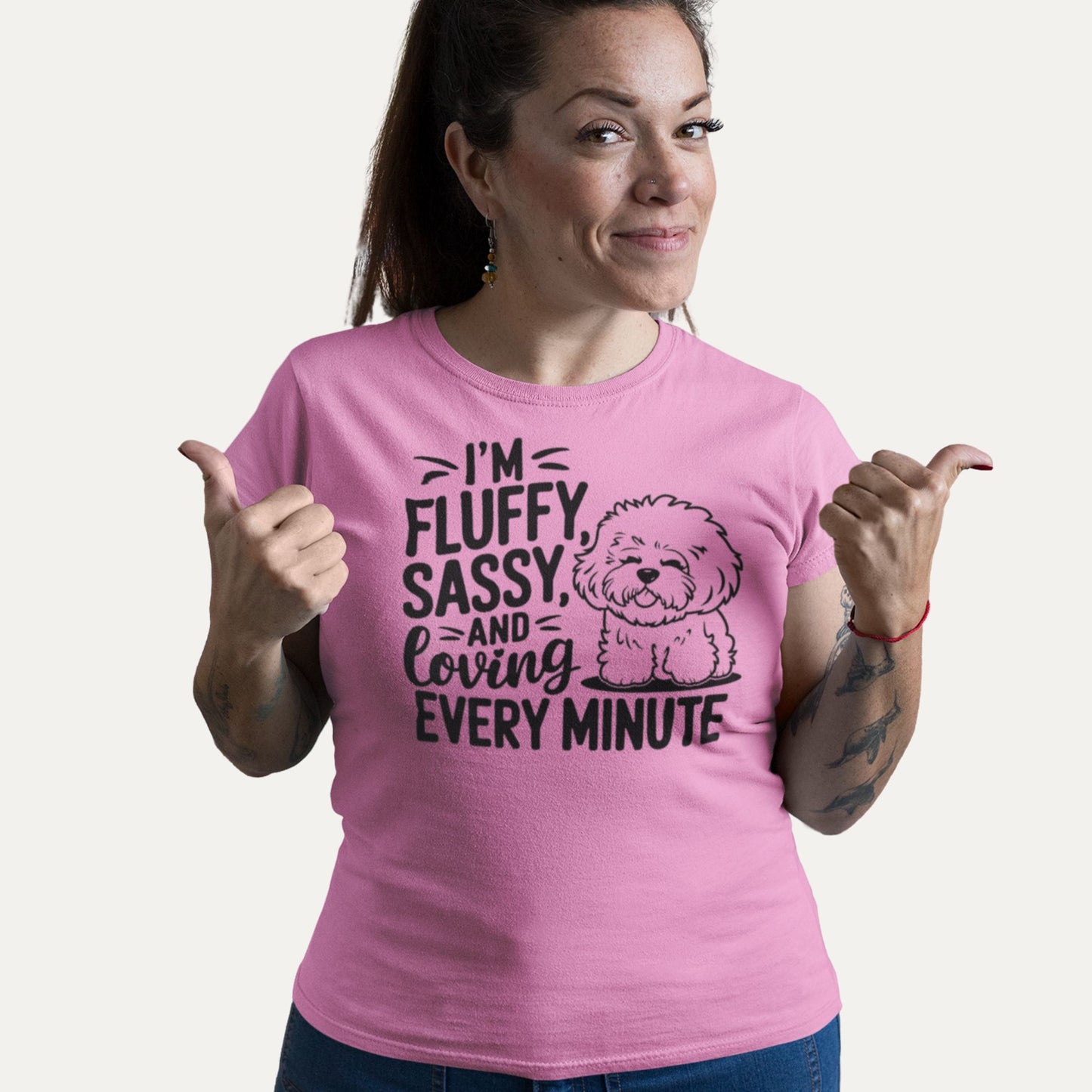 I’m fluffy, sassy and loving every minute – Bichon Frise pink T-shirt, fun and playful gift for dog moms and dog lovers.