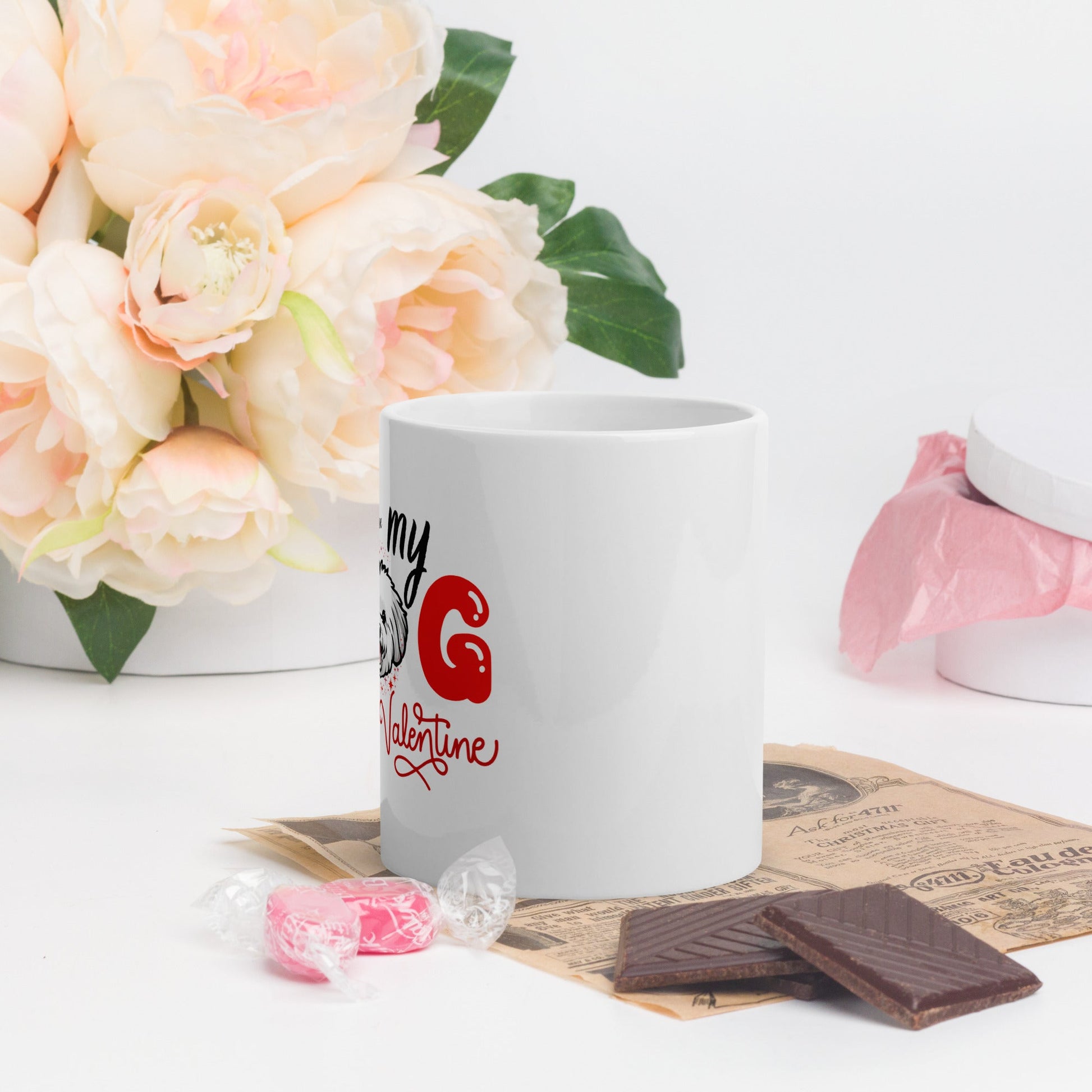 "My Dog is my Valentine "-White glossy mug for Bichon Frise dog owners