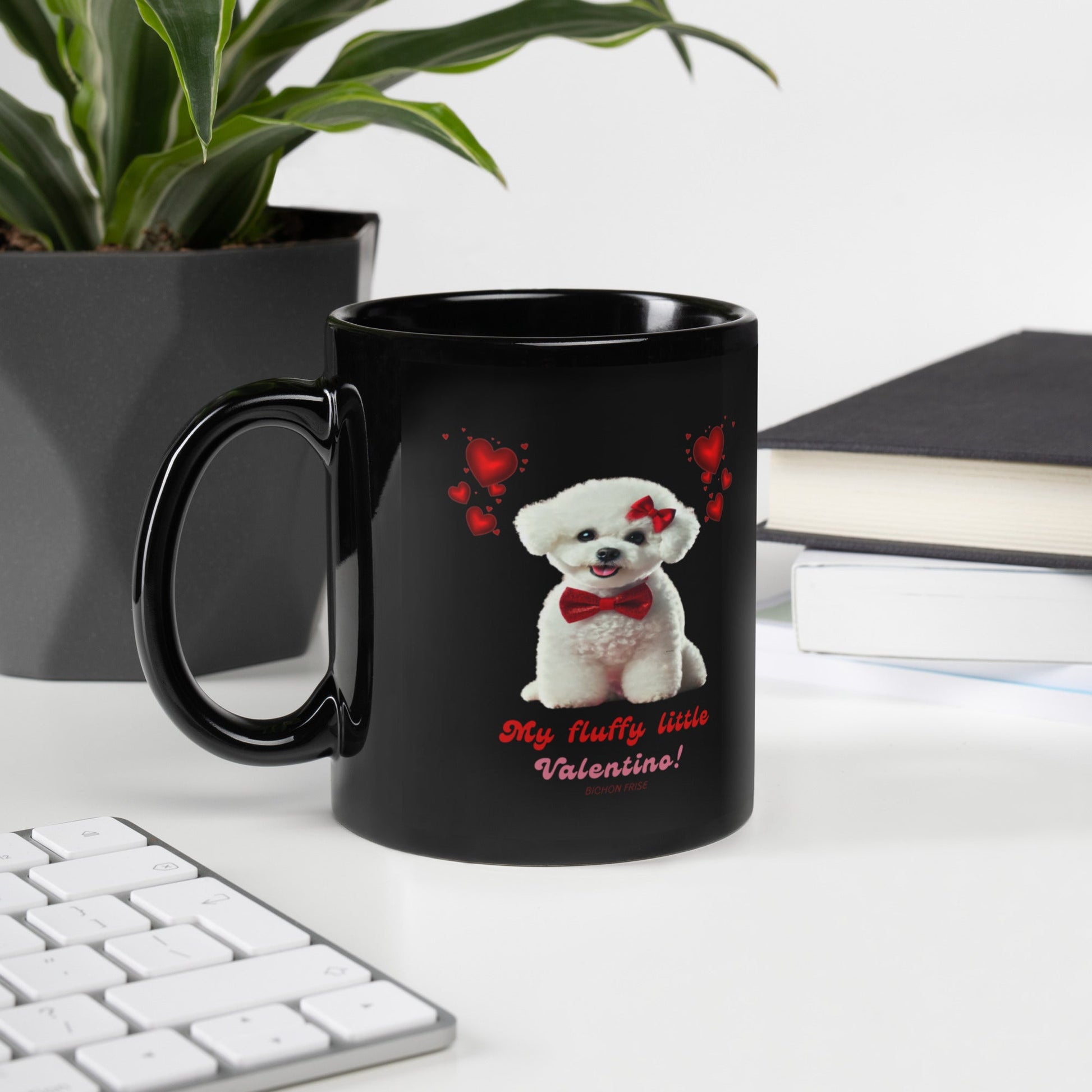 "My fluffy little Valentino!"-Black Glossy Mug for Bichon Frise dog owners