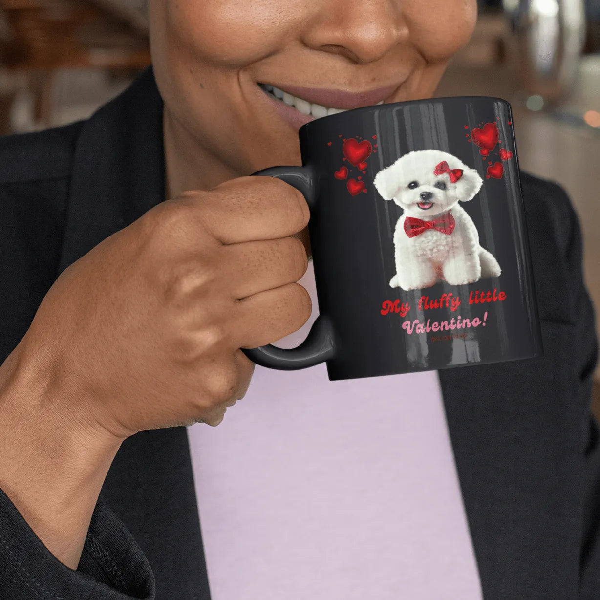 "My fluffy little Valentino!"-Black Glossy Mug for Bichon Frise dog owners