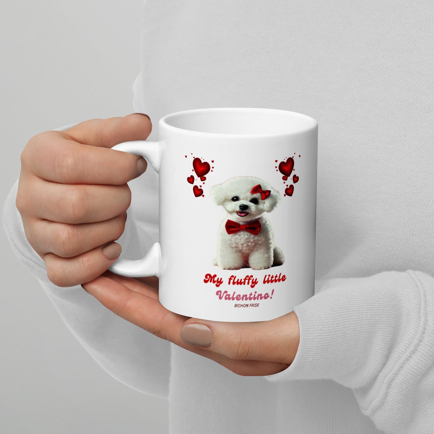 "My fluffy little Valentino!"-White glossy mug for Bichon Frise dog owners