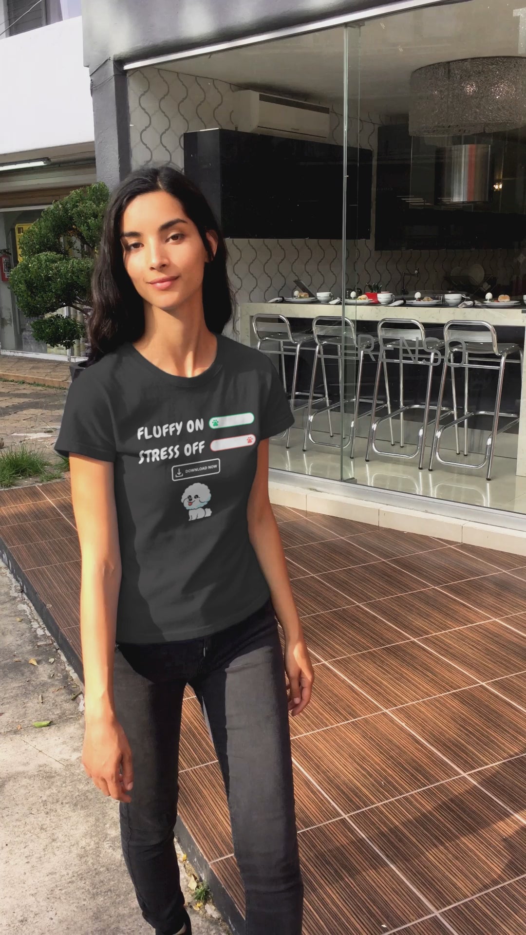 "Fluffy On, Stress Off" unisex T-shirt featuring a cheerful white Bichon Frise illustration and bold white text – perfect for dog lovers and Bichon enthusiasts alike. Fun, lighthearted design on a comfortable tee.
Video