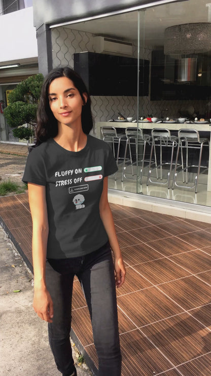 "Fluffy On, Stress Off" unisex T-shirt featuring a cheerful white Bichon Frise illustration and bold white text – perfect for dog lovers and Bichon enthusiasts alike. Fun, lighthearted design on a comfortable tee.
Video
