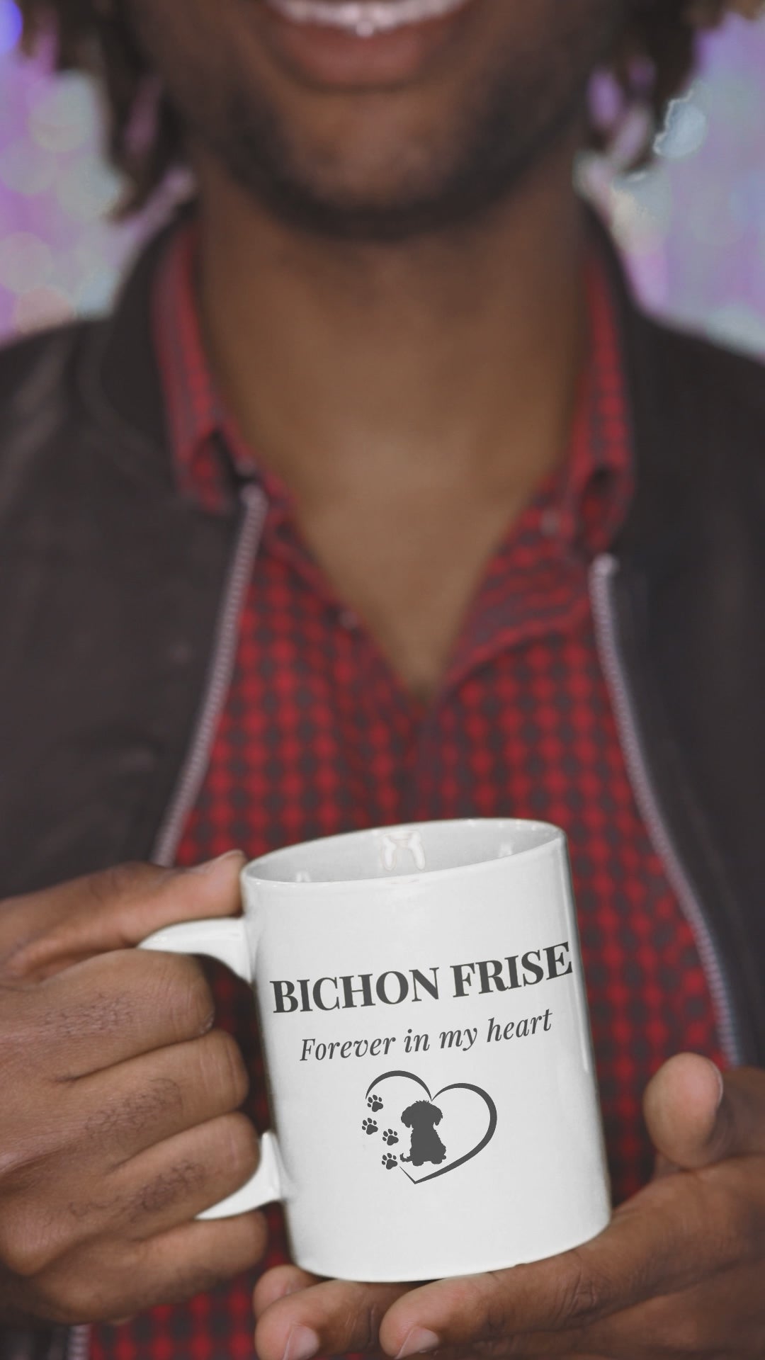 “Forever In My Heart” white glossy mug featuring a heartwarming Bichon Frise dog and heart design in black print – perfect Valentine’s Day gift for Bichon lovers and dog moms.
Video