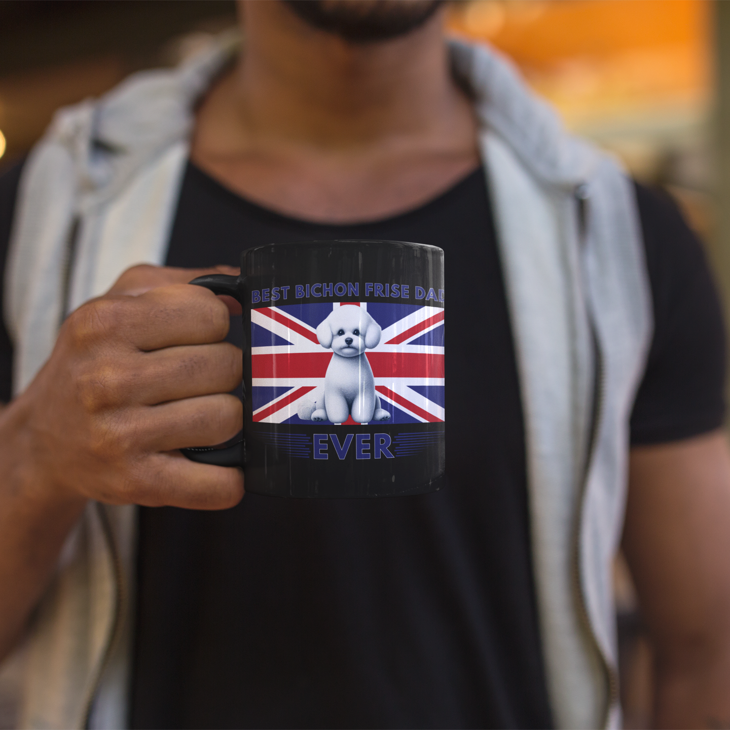 "Best Bichon Frise Dad Ever" English  Flag-Black Glossy Mug for Bichon Frise dog owners