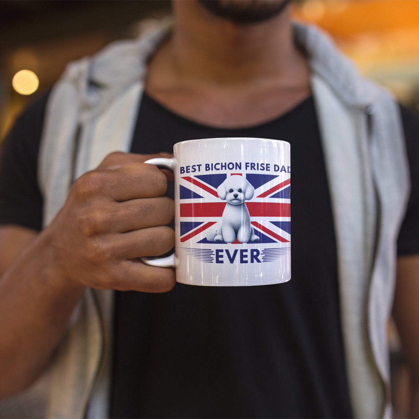 "Best Bichon Frise Dad Ever" English  Flag-White glossy mug for Bichon Frise dog owners