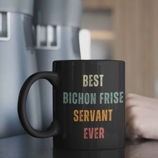 "Black glossy mug with colorful 'Best Bichon Frise Servant Ever' text design – perfect gift for dog lovers and Bichon Frise owners."
Video