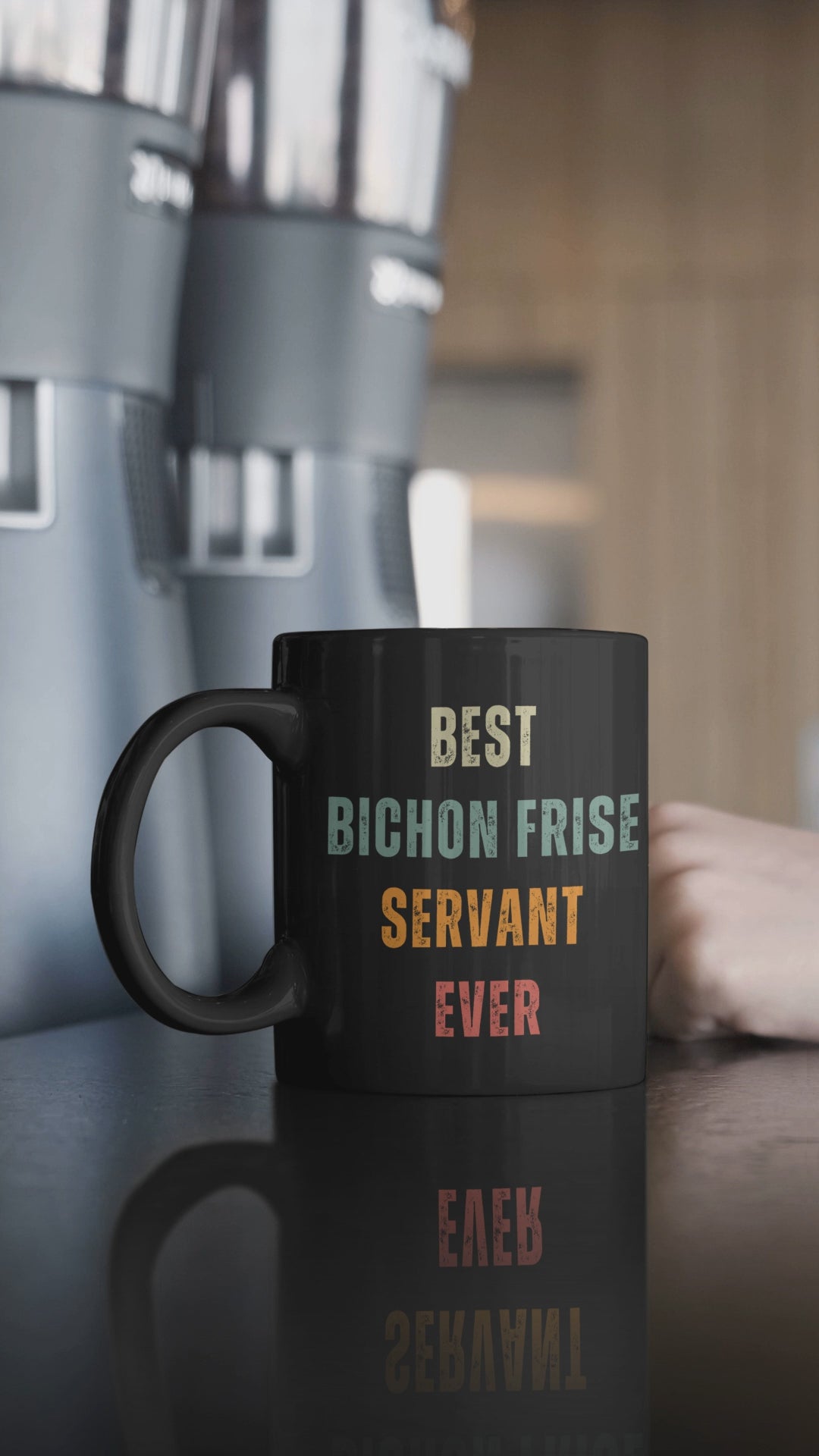 "Black glossy mug with colorful 'Best Bichon Frise Servant Ever' text design – perfect gift for dog lovers and Bichon Frise owners."
Video