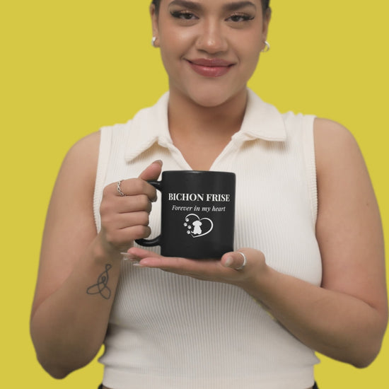 “Forever In My Heart” black glossy mug with white lettering and heart design, perfect Valentine's Day gift for Bichon Frise dog lovers or anyone who cherishes dogs and love – unique, romantic, and stylish ceramic cup.
Video
