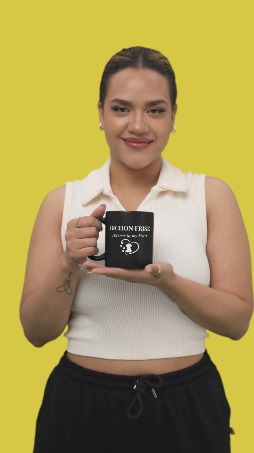 “Forever In My Heart” black glossy mug with white lettering and heart design, perfect Valentine's Day gift for Bichon Frise dog lovers or anyone who cherishes dogs and love – unique, romantic, and stylish ceramic cup.
Video