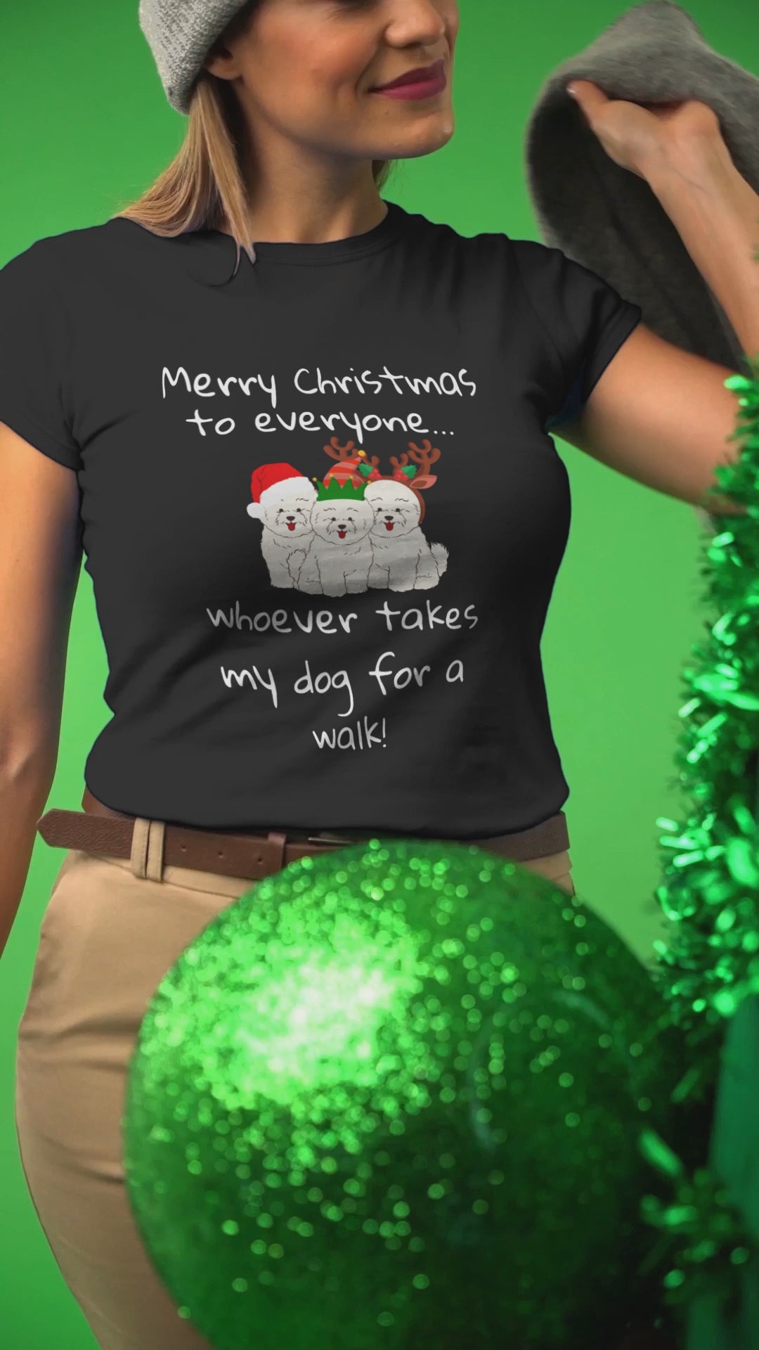 Unisex Bichon Frise T-Shirt for Dog Owners:" Merry Christmas to everyone... whoever takes my dog for a walk!"