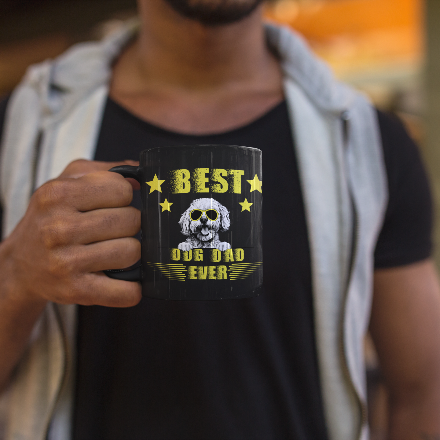 "Best Dog Dad Ever"bichon frise with sunglasses-Black Glossy Mug