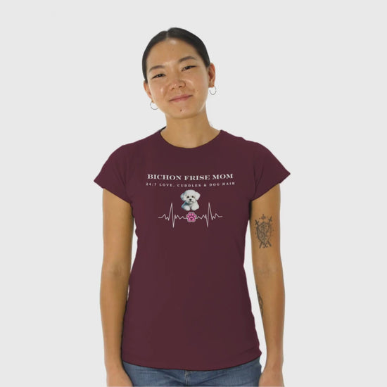 Promotional video of a smiling woman wearing a black 'Bichon Frise Mom – 24/7 Love, Cuddles & Dog Hair' T-shirt with heartbeat design, perfect for Bichon Frise dog lovers