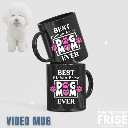 "Black glossy mug with colorful 'Best Bichon Mom Ever' text design – perfect gift for Bichon Frise dog lovers and proud dog moms"
