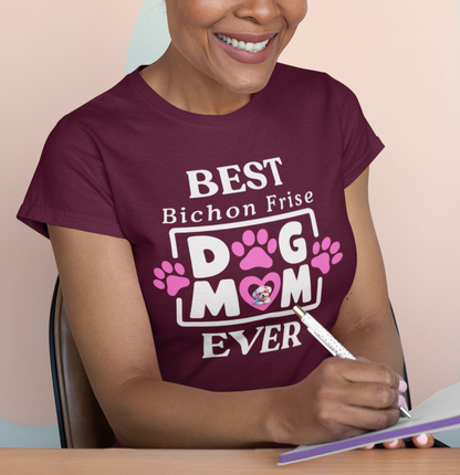 "Best Bichon Mom Ever" funny unisex t-shirt with white text and paw print design – perfect Mother's Day gift for Bichon Frise dog owners."
Video
