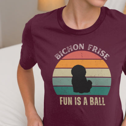 "Colorful unisex t-shirt with playful 'Bichon Frise Fun Is A Ball' text and graphic design, perfect for proud Bichon Frise dog owners – funny and stylish pet lover apparel."
Video
