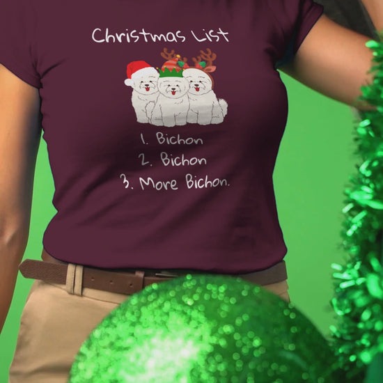 "Funny Christmas-themed unisex t-shirt with text 'Christmas List: 1. Bichon 2. Bichon 3. More Bichon' – perfect holiday gift for dog lovers, especially Bichon Frisé owners; cheerful and unique dog print shirt for men and women."
Video