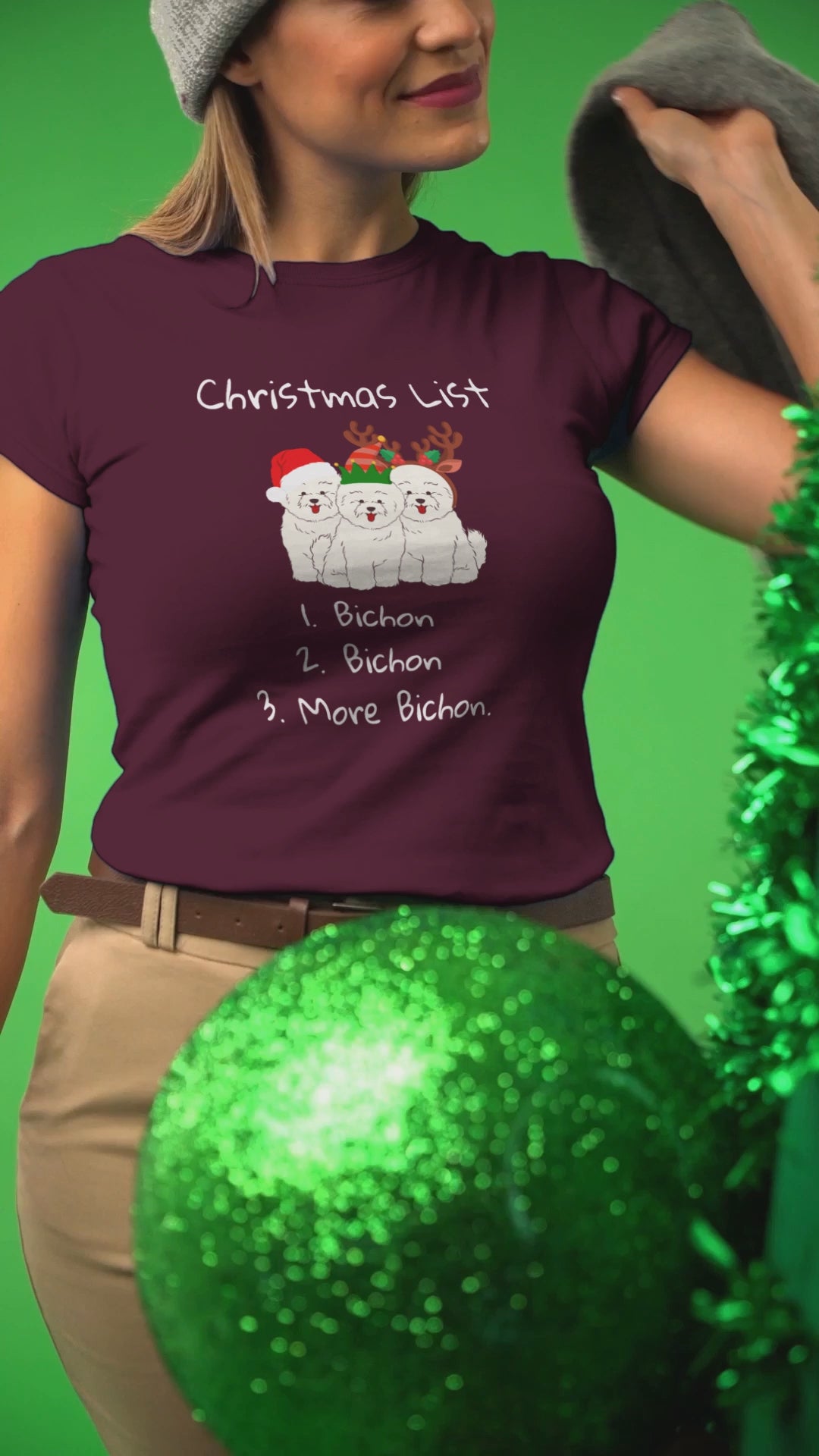 "Funny Christmas-themed unisex t-shirt with text 'Christmas List: 1. Bichon 2. Bichon 3. More Bichon' – perfect holiday gift for dog lovers, especially Bichon Frisé owners; cheerful and unique dog print shirt for men and women."
Video
