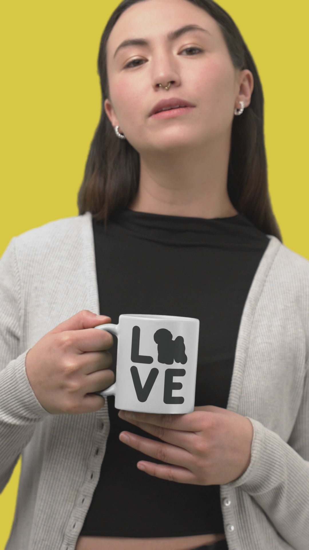 "White glossy mug with 'Bichon Frise Love' black silhouette design – perfect Valentine's Day gift for Bichon Frise dog lovers and owners"
Video
