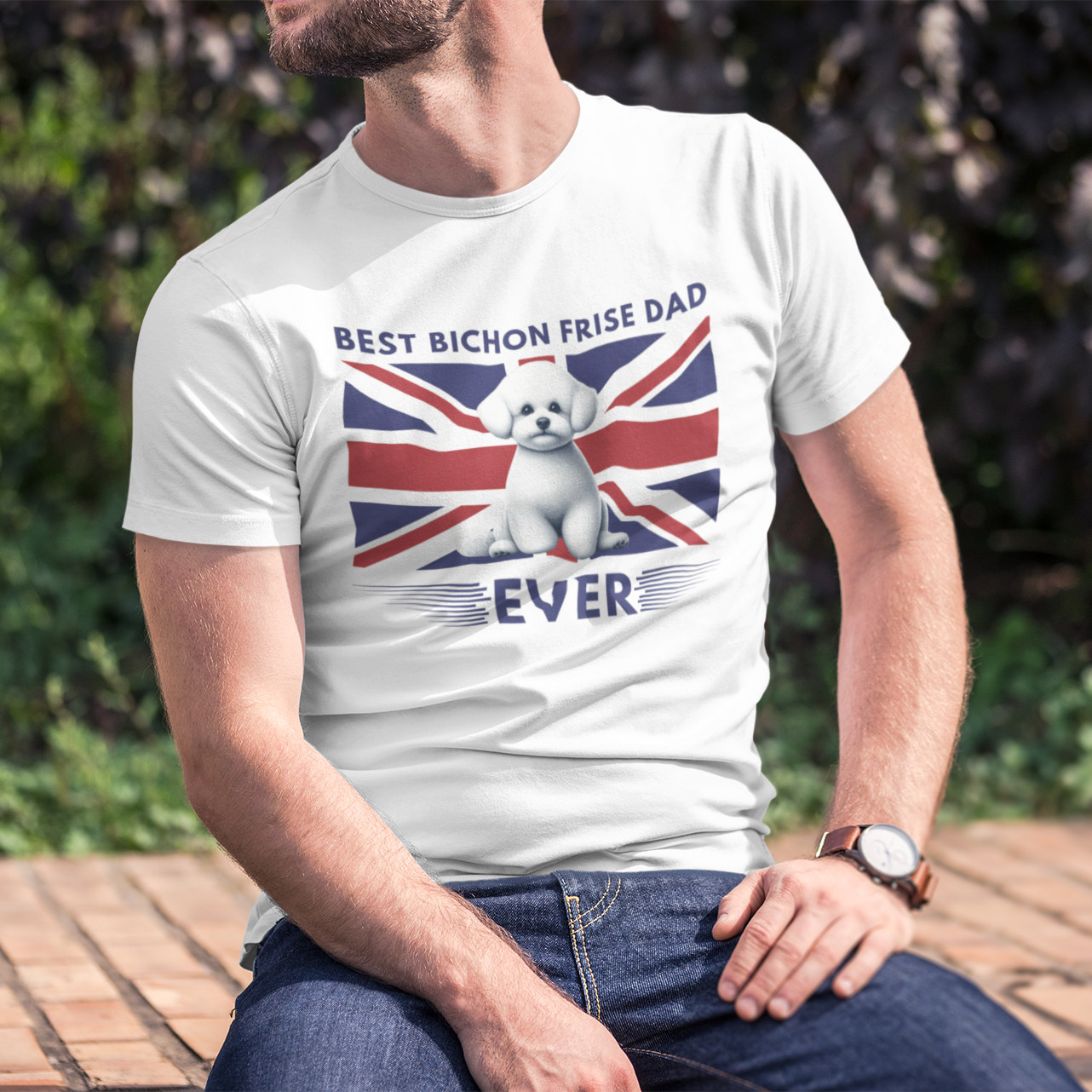Unisex Bichon Frise T-Shirt for Dog Owners:"Best Bichon Frise Dad Ever" english  flag