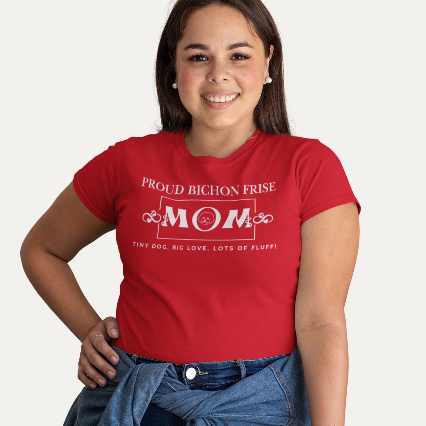 Proud Bichon Frise Mom T-shirt in red – Tiny dog, big love, lots of fluff! Perfect gift for dog moms and Bichon lovers.