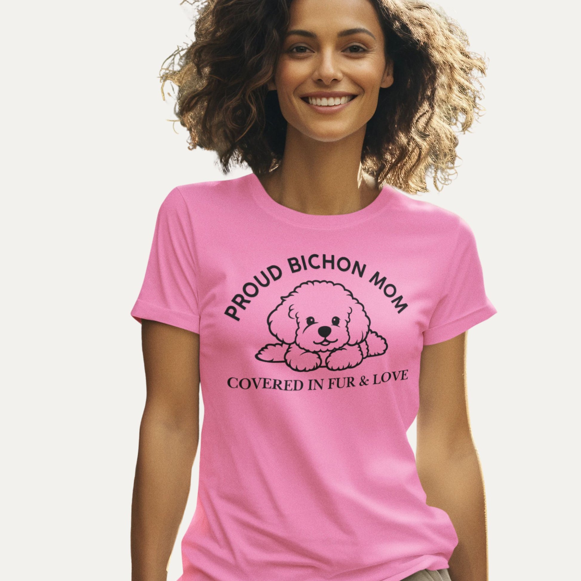 Proud Bichon Mom T-shirt in pink – Covered in fur and love design, perfect gift for dog moms and Bichon Frise lovers.