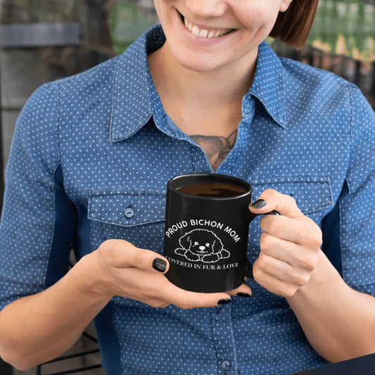 Proud Bichon Mom – Covered in Fur & Love -Black Glossy Mug for Bichon Frise dog owners