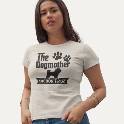 Woman wearing a white t-shirt with 'The Dogmother Bichon Frise' text and graphic.