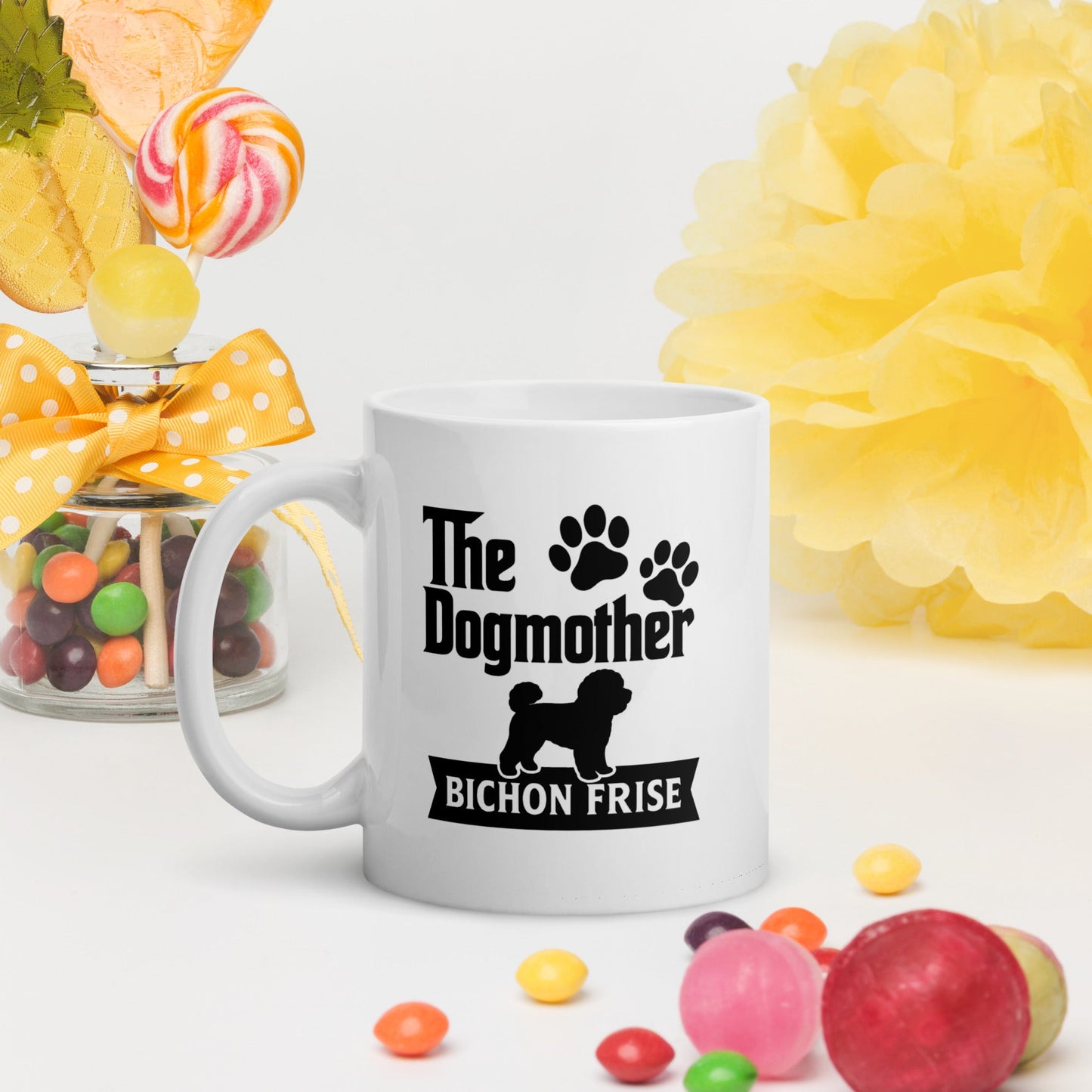 "The Dog Mother Bicho Frise" White Glossy Mug (Black Design) - Fun Factory Frise