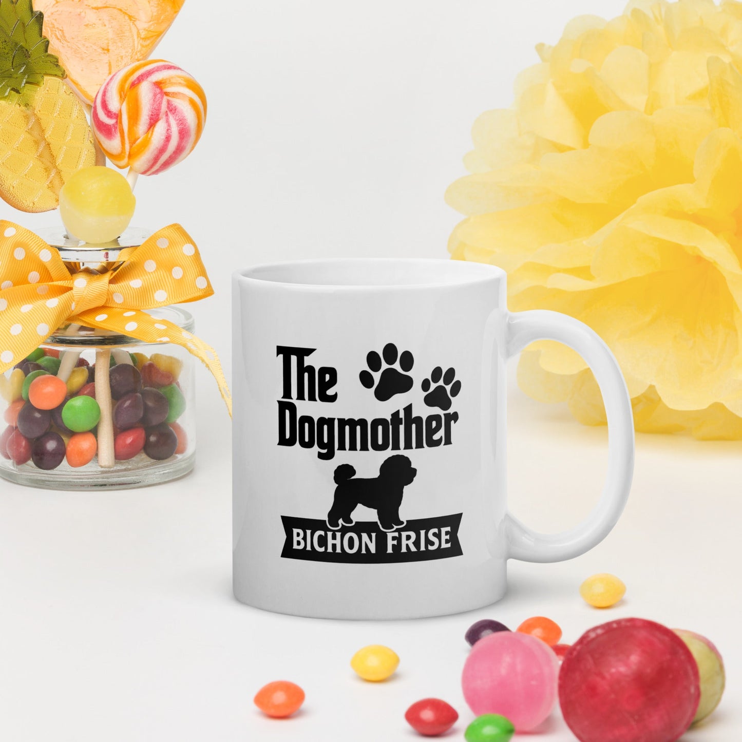 "The Dog Mother Bicho Frise" White Glossy Mug (Black Design) - Fun Factory Frise