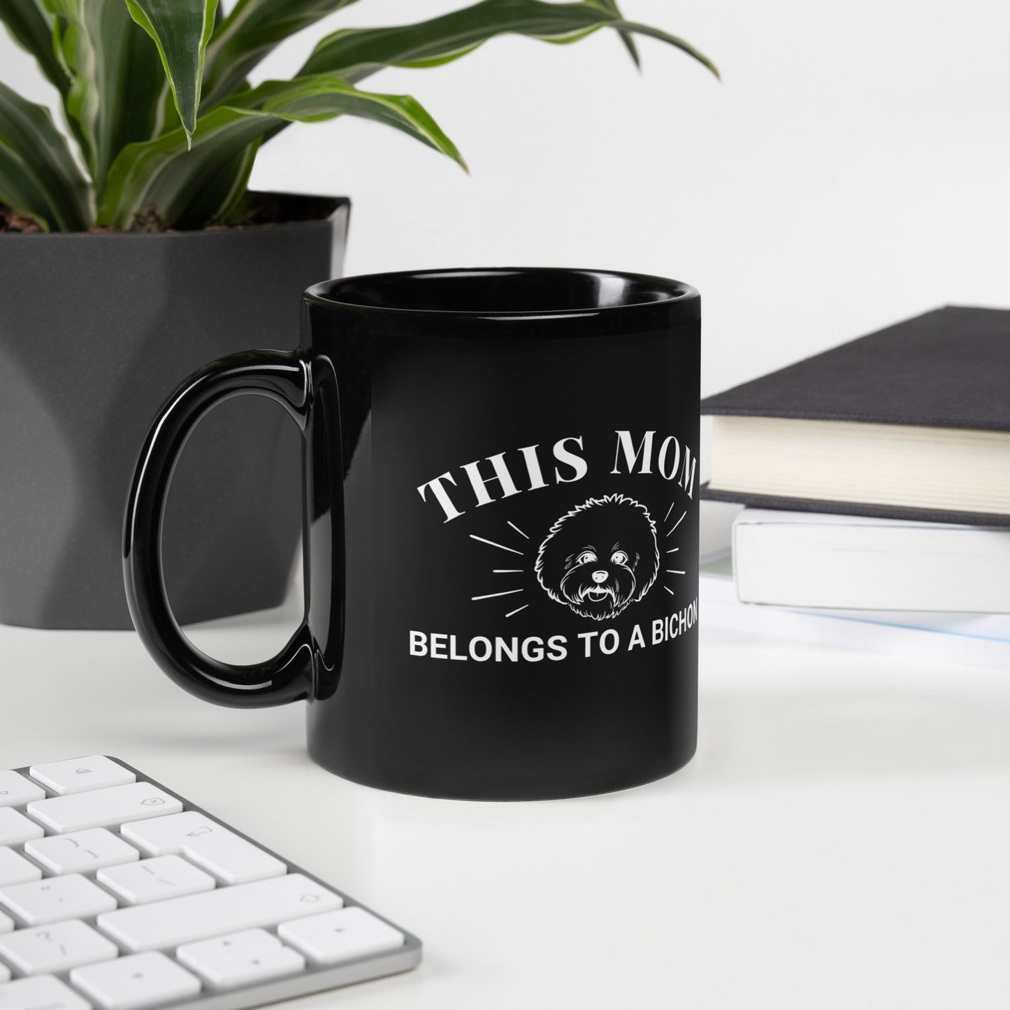 "This Mom Belongs to a Bichon"-Black Glossy Mug for Bichon Frise dog owners