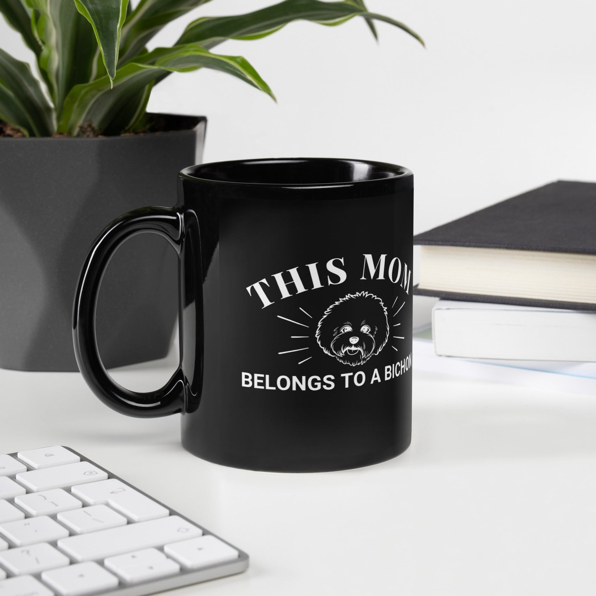 "This Mom Belongs to a Bichon"-Black Glossy Mug for Bichon Frise dog owners
