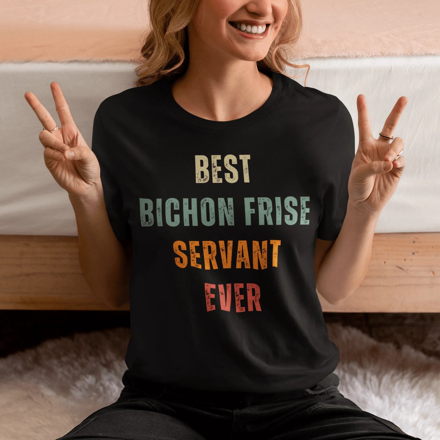 "Colorful 'Best Bichon Frise Servant Ever' quote design on unisex t-shirt for Bichon Frise dog owners – perfect gift for dog lovers"