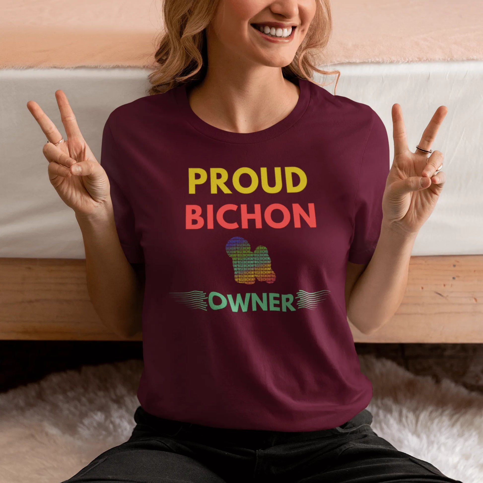"Colorful and funny unisex Bichon Frise dog owner T-shirt – unique graphic tee for proud Bichon Frise lovers and pet parents."