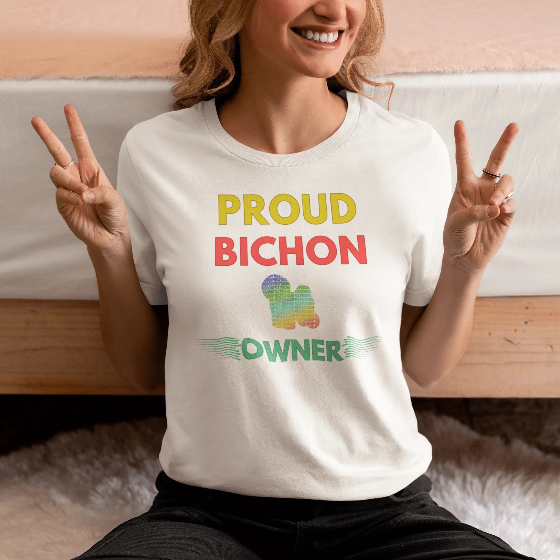"Colorful and funny unisex Bichon Frise dog owner T-shirt – unique graphic tee for proud Bichon Frise lovers and pet parents."