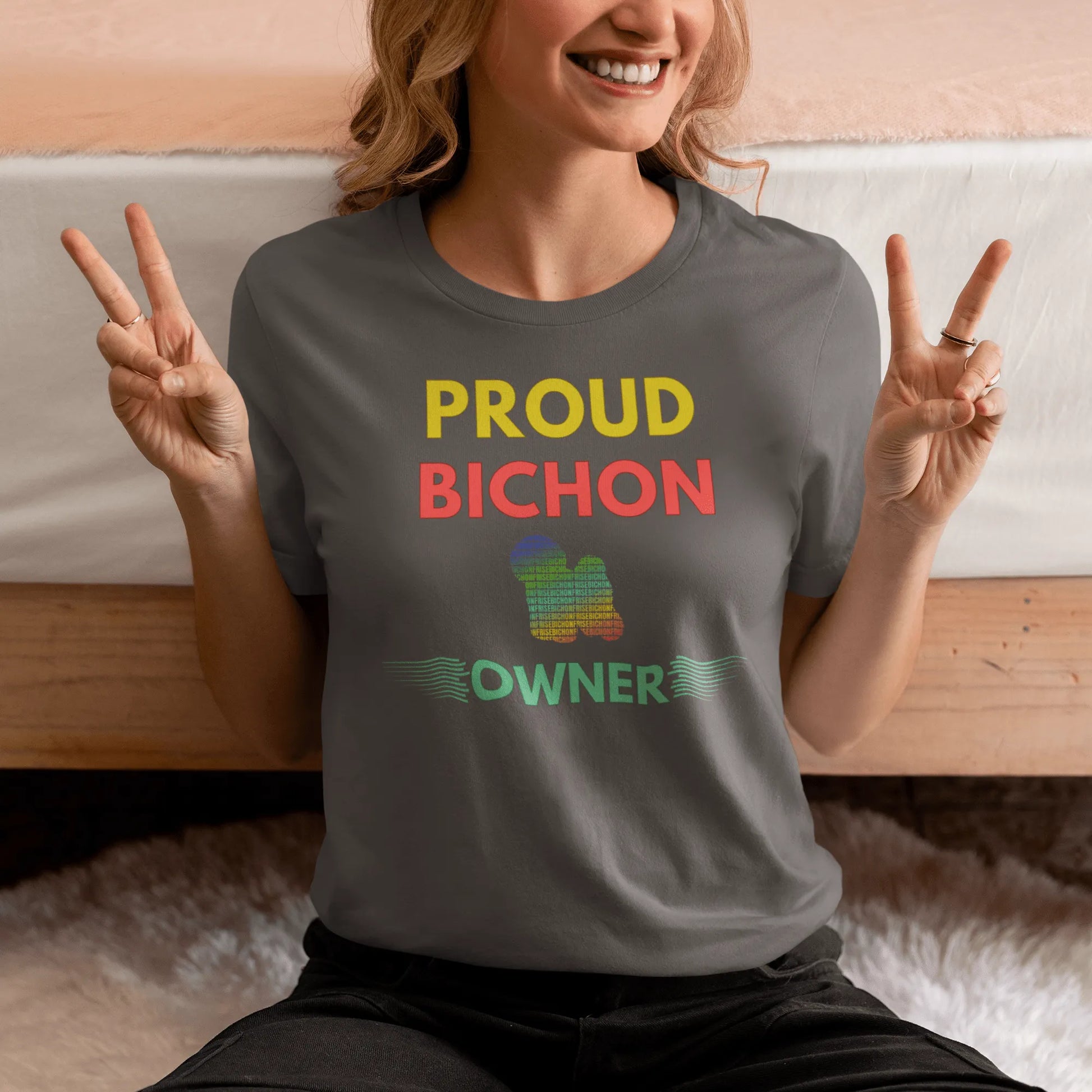 "Colorful and funny unisex Bichon Frise dog owner T-shirt – unique graphic tee for proud Bichon Frise lovers and pet parents."