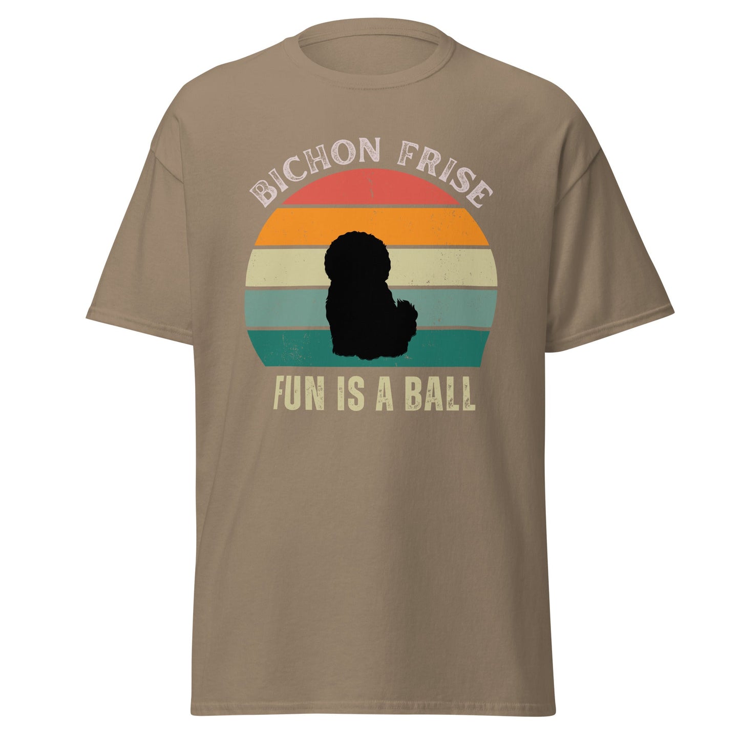 "Colorful unisex t-shirt with playful 'Bichon Frise Fun Is A Ball' text and graphic design, perfect for proud Bichon Frise dog owners – funny and stylish pet lover apparel."