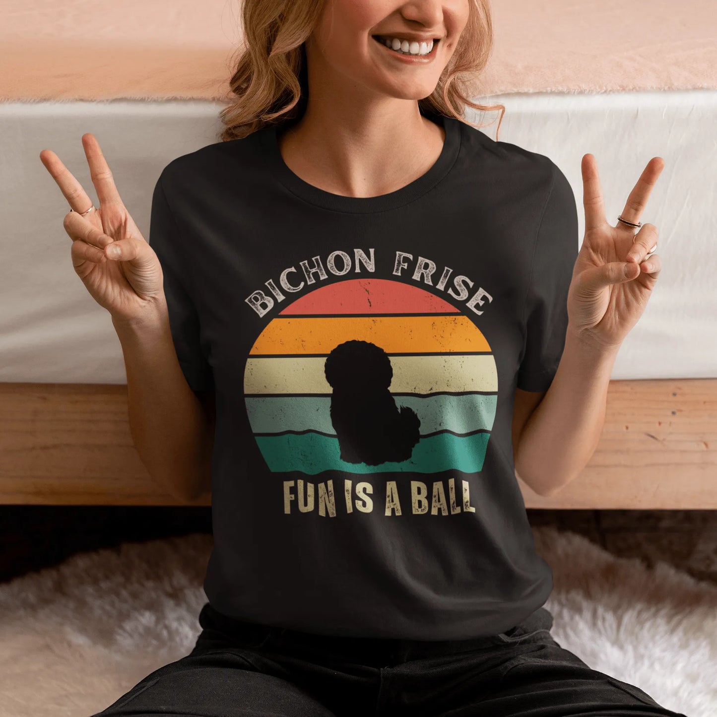 "Colorful unisex t-shirt with playful 'Bichon Frise Fun Is A Ball' text and graphic design, perfect for proud Bichon Frise dog owners – funny and stylish pet lover apparel."