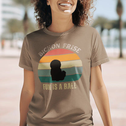 "Colorful unisex t-shirt with playful 'Bichon Frise Fun Is A Ball' text and graphic design, perfect for proud Bichon Frise dog owners – funny and stylish pet lover apparel."