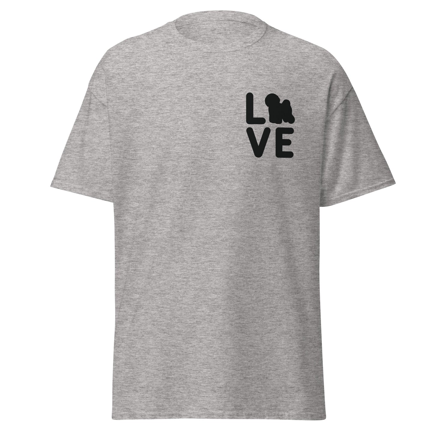 “Unisex black-lettered 'Bichon Frise Love' T-shirt – romantic Valentine's Day gift for Bichon Frise dog lovers and owners, festive and stylish design for any dog enthusiast.”