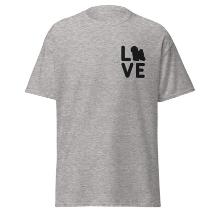 “Unisex black-lettered 'Bichon Frise Love' T-shirt – romantic Valentine's Day gift for Bichon Frise dog lovers and owners, festive and stylish design for any dog enthusiast.”
