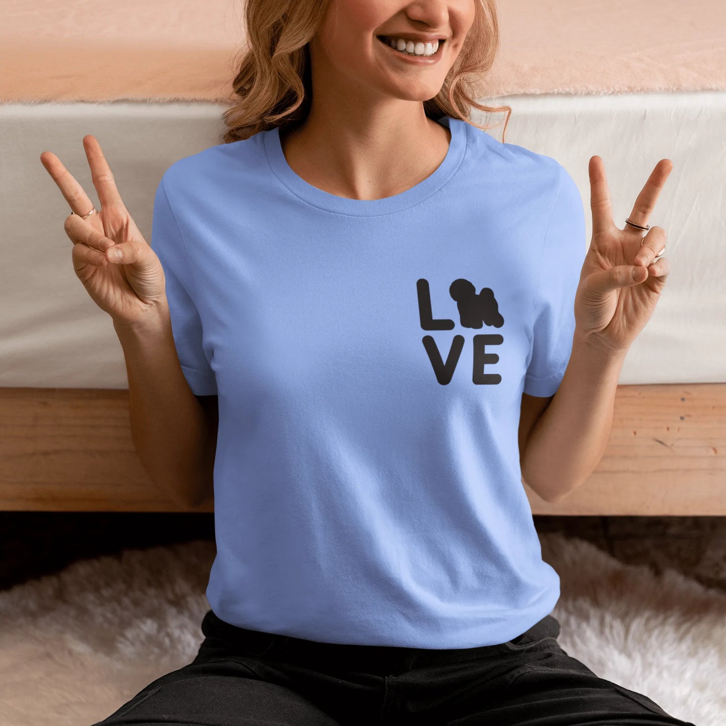 “Unisex black-lettered 'Bichon Frise Love' T-shirt – romantic Valentine's Day gift for Bichon Frise dog lovers and owners, festive and stylish design for any dog enthusiast.”