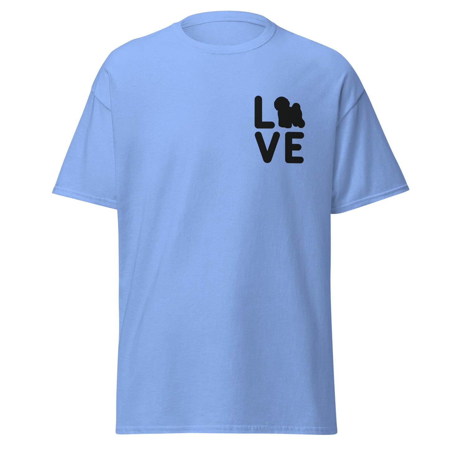 “Unisex black-lettered 'Bichon Frise Love' T-shirt – romantic Valentine's Day gift for Bichon Frise dog lovers and owners, festive and stylish design for any dog enthusiast.”