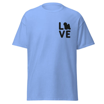 “Unisex black-lettered 'Bichon Frise Love' T-shirt – romantic Valentine's Day gift for Bichon Frise dog lovers and owners, festive and stylish design for any dog enthusiast.”