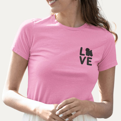 “Unisex black-lettered 'Bichon Frise Love' T-shirt – romantic Valentine's Day gift for Bichon Frise dog lovers and owners, festive and stylish design for any dog enthusiast.”