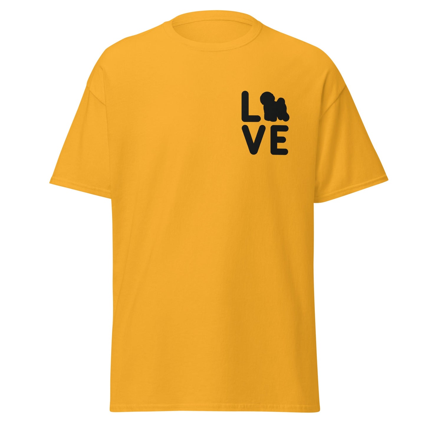 “Unisex black-lettered 'Bichon Frise Love' T-shirt – romantic Valentine's Day gift for Bichon Frise dog lovers and owners, festive and stylish design for any dog enthusiast.”