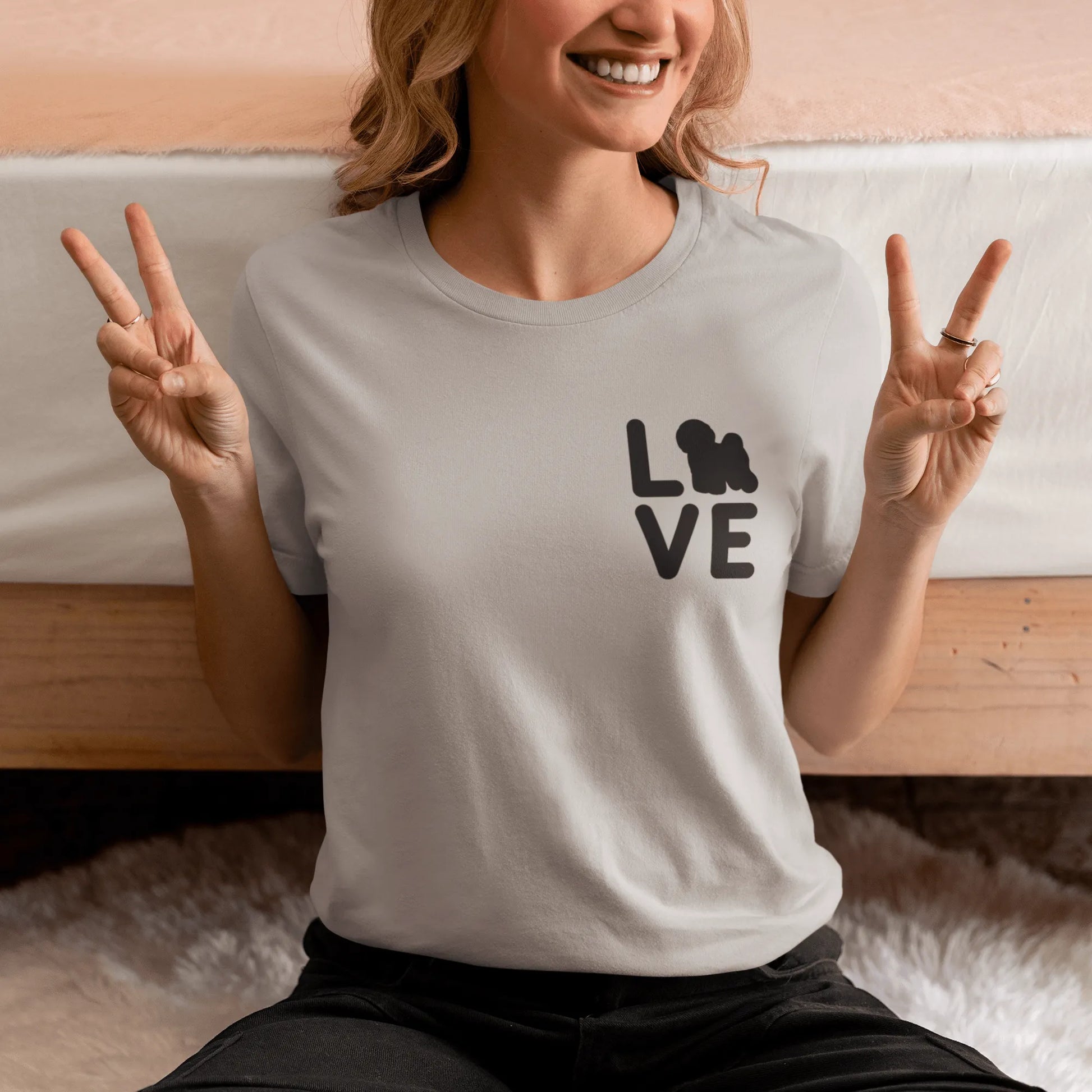 “Unisex black-lettered 'Bichon Frise Love' T-shirt – romantic Valentine's Day gift for Bichon Frise dog lovers and owners, festive and stylish design for any dog enthusiast.”